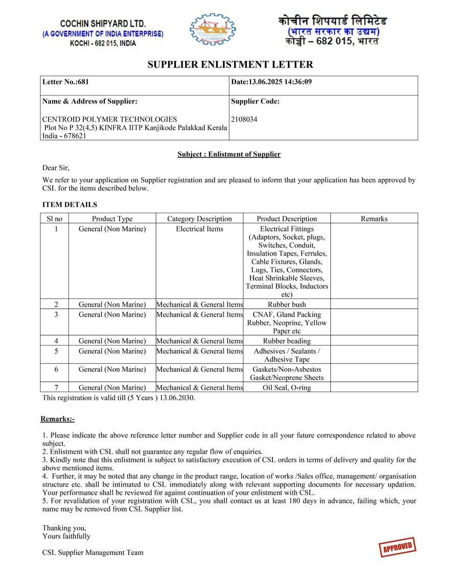 Centroid Polymer Now enlisted as a Vendor for Rubber, TPE solutions by Cochin Shipyard